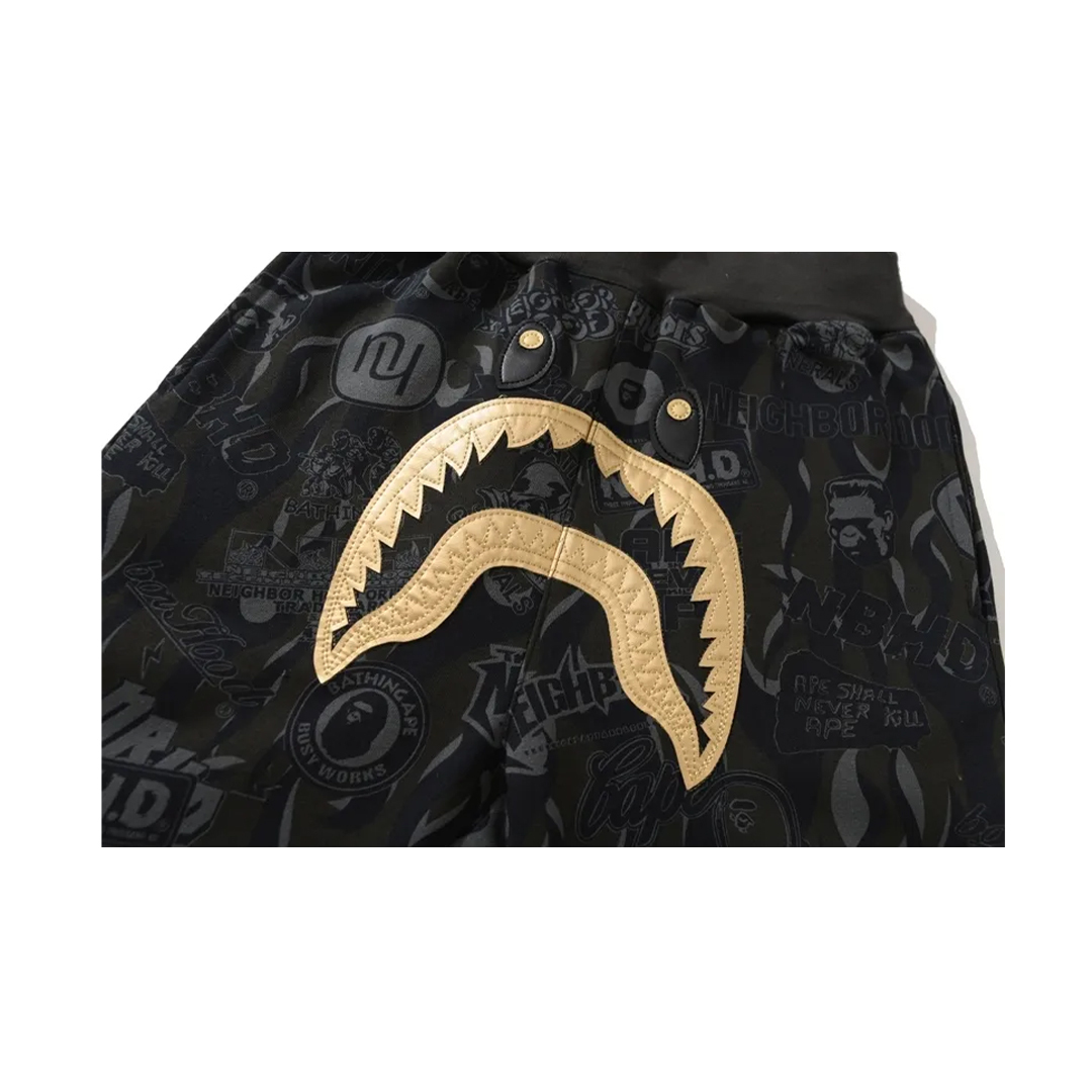 Coco Shoes BAPE x NBHD Joint Style Shark head Black and Gold Trousers - Cocoshoesvip.net