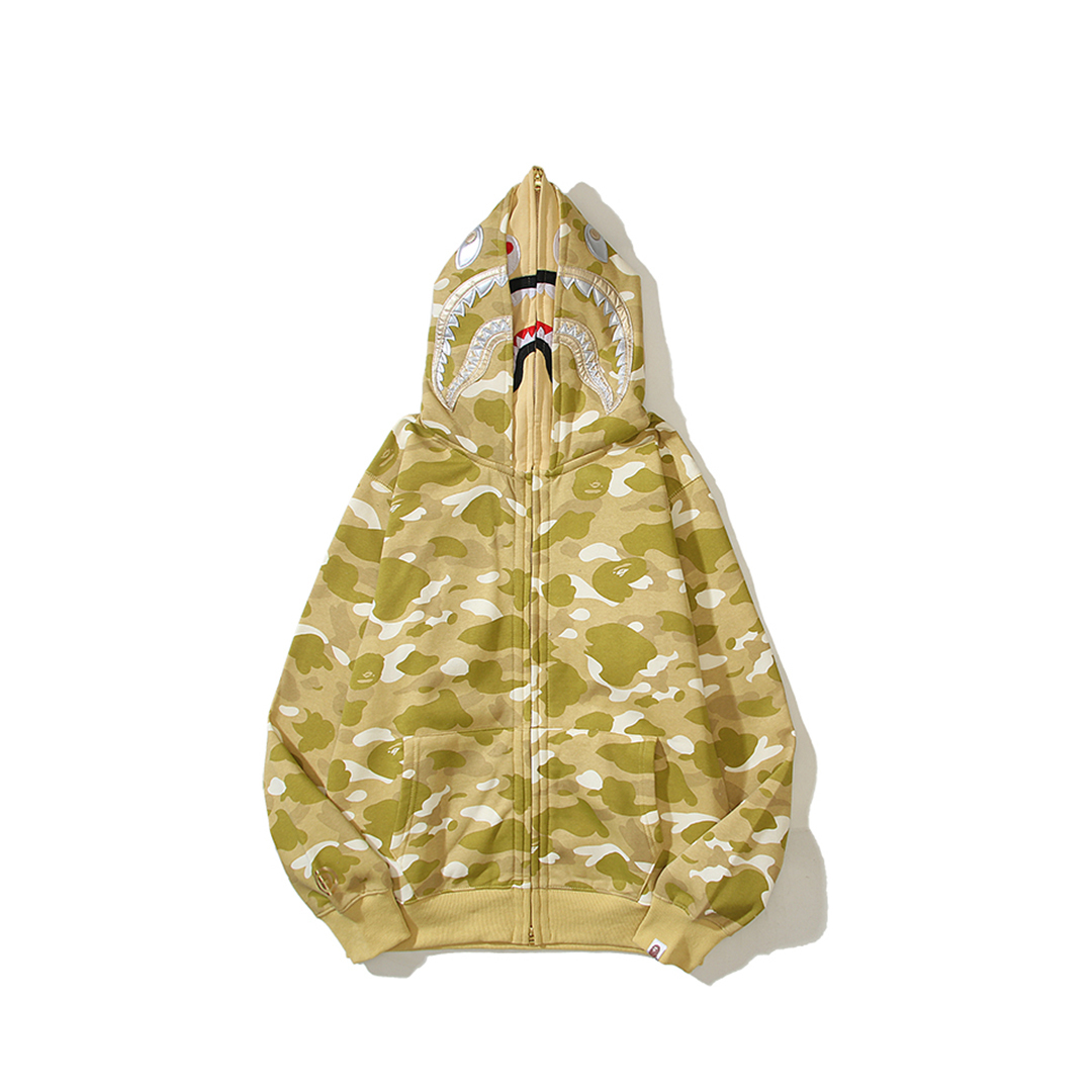 Coco Shoes BAPE Classic Double Hooded Shark Head Padded Camo Hoodie Yellow - Cocoshoesvip.net