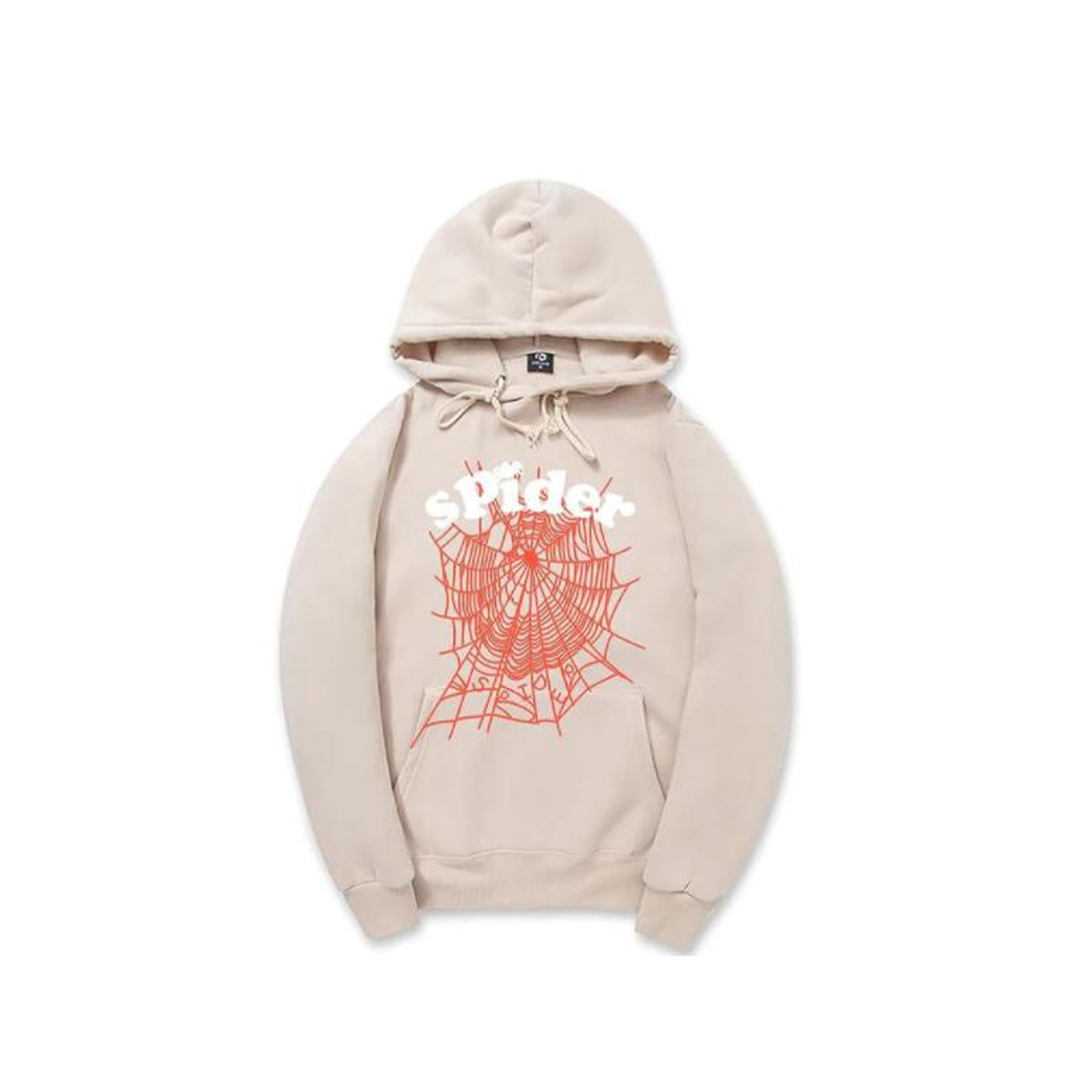 Coco Shoes Sp5der White Letters Red Cobweb Beige Hoodie - Cocoshoesvip.net