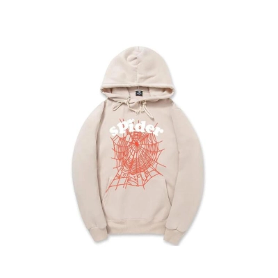 Coco Shoes Sp5der White Letters Red Cobweb Beige Hoodie 01
