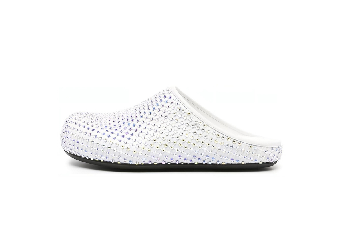 Coco Shoes Marni Calfskin Fussbett Sabot White Leather with Rhinestones SBMS004601P639400W01 - Cocoshoesvip.net