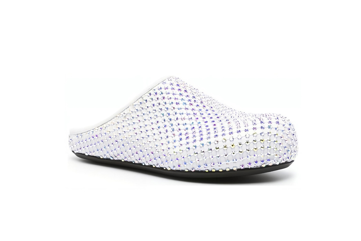 Coco Shoes Marni Calfskin Fussbett Sabot White Leather with Rhinestones SBMS004601P639400W01 - Cocoshoesvip.net