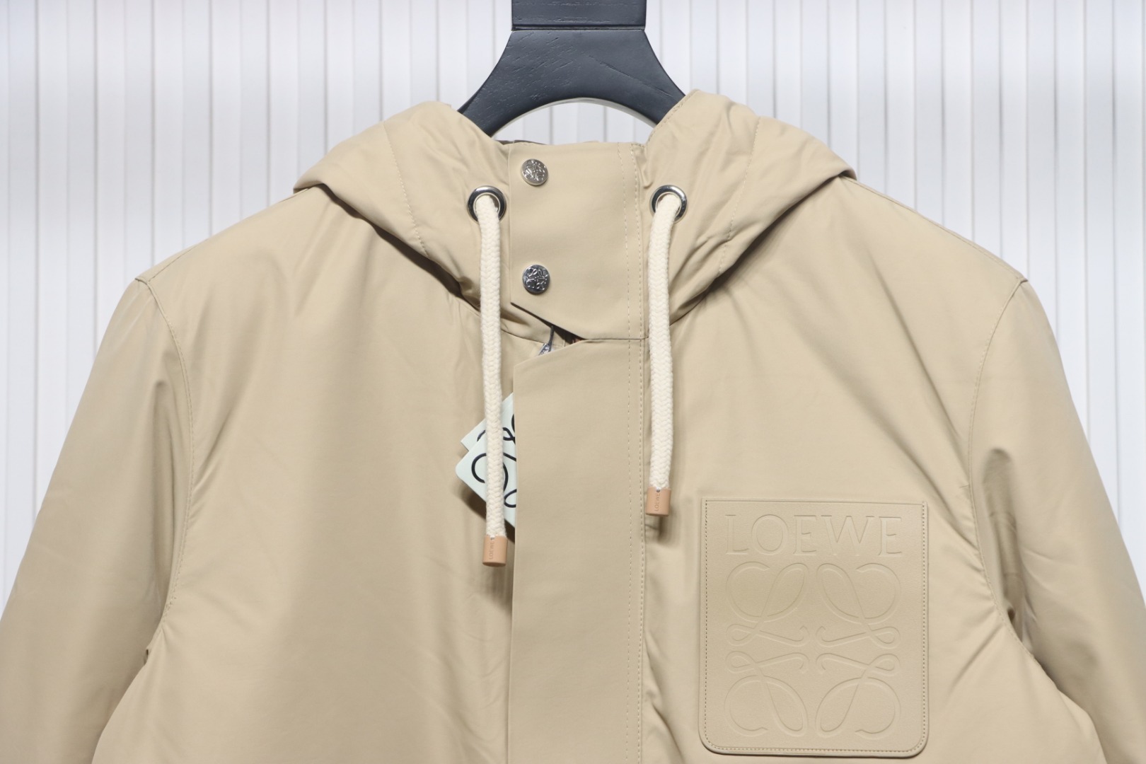 Loewe Leather Label Hooded Down Jacket Light Brown