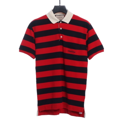 Gucci Logo Embroidered Striped Cotton Polo Shirt Red 01