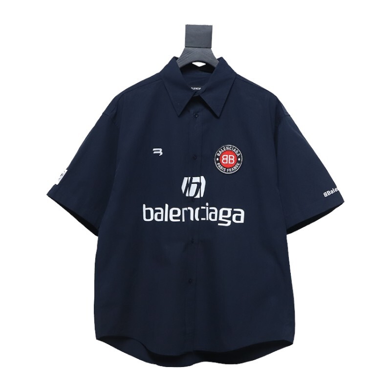 Coco Shoes Balenciaga Soccer Button Up Short-sleeved Shirt Navy Blue