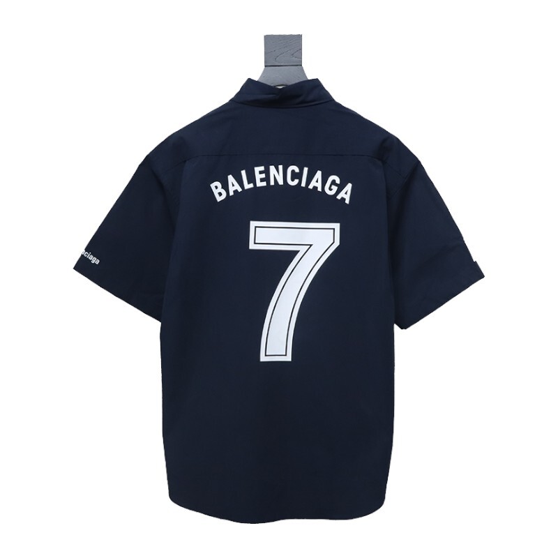 Coco Shoes Balenciaga Soccer Button Up Short-sleeved Shirt Navy Blue