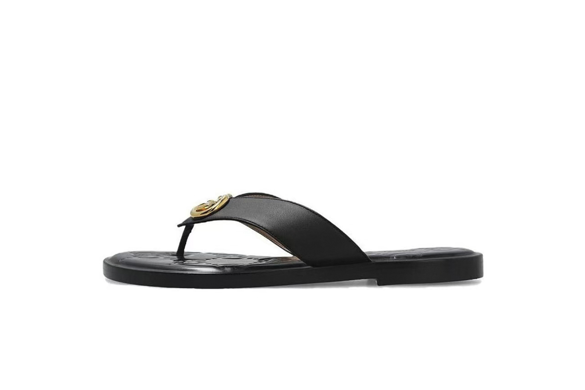 Gucci Interlocking GG Thong Sandals Black / Gold Leather 695207 A3N00 1000