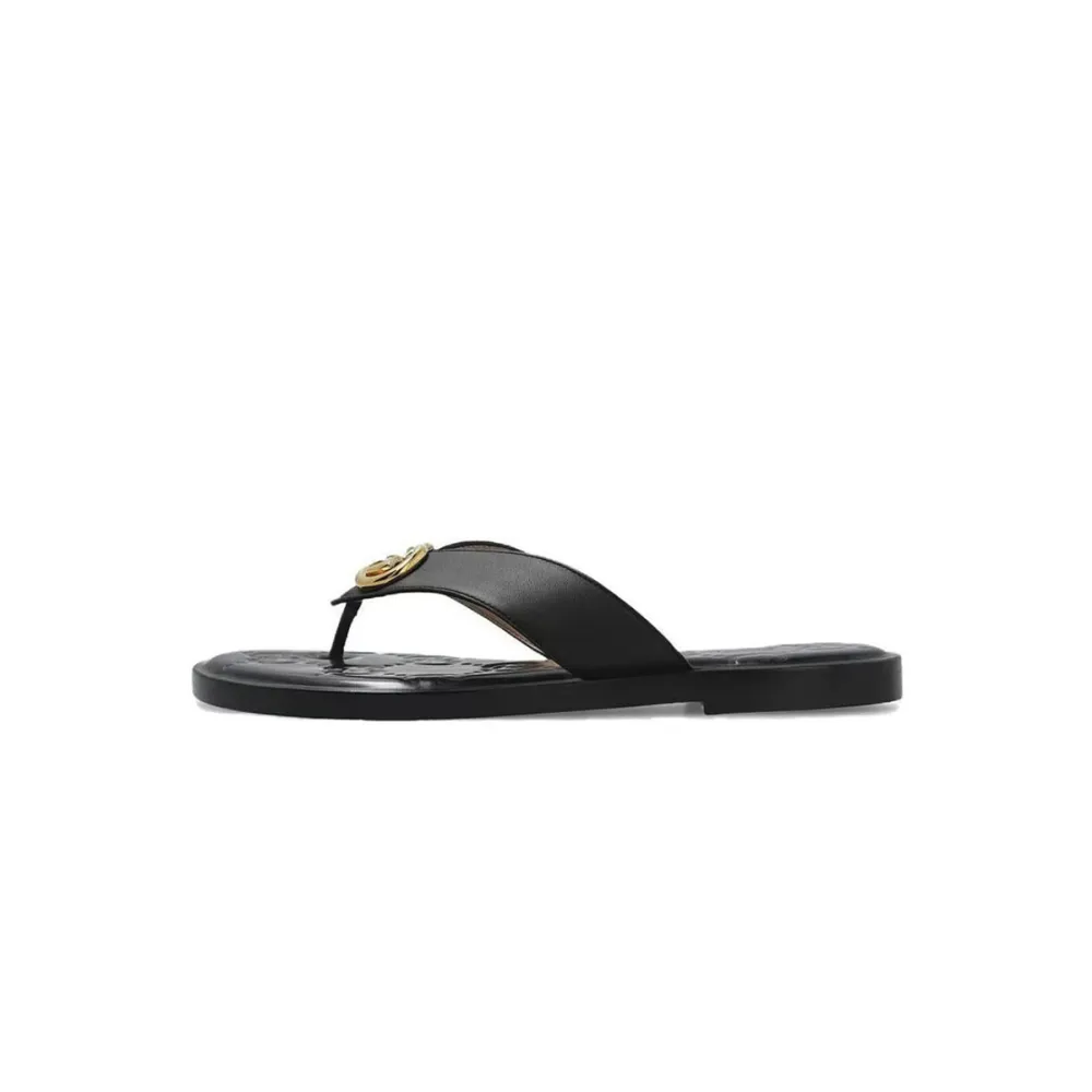 Gucci Interlocking GG Thong Sandals Black / Gold Leather 695207 A3N00 1000