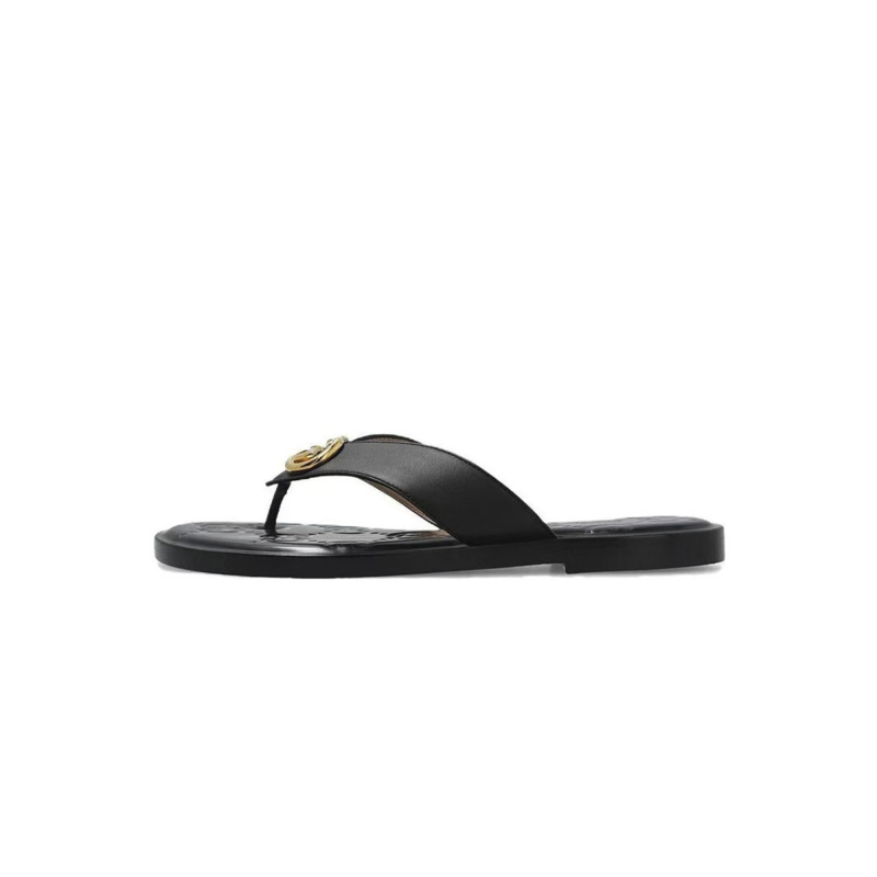Gucci Interlocking GG Thong Sandals Black / Gold Leather 695207 A3N00 1000