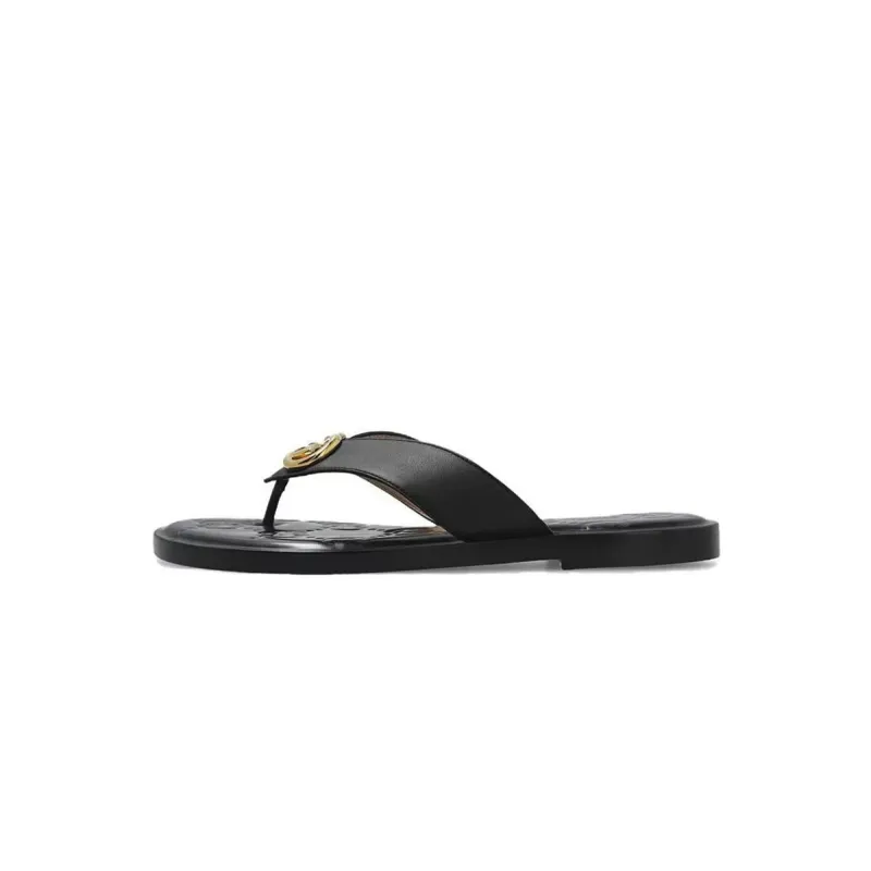 Gucci Interlocking GG Thong Sandals Black / Gold Leather 695207 A3N00 1000