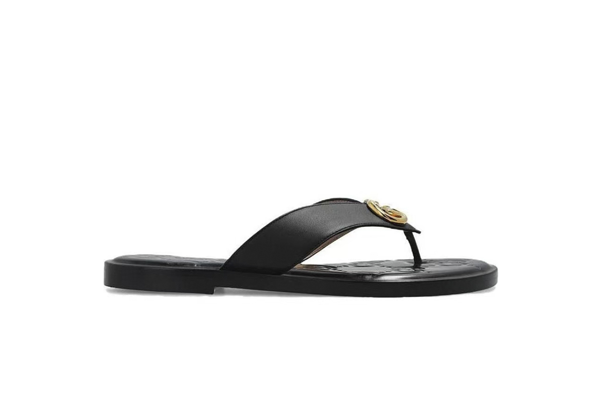 Gucci Interlocking GG Thong Sandals Black / Gold Leather 695207 A3N00 1000