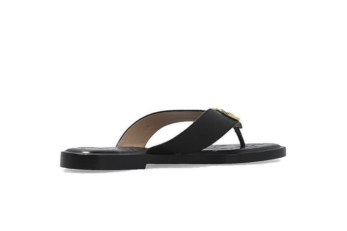 Gucci Interlocking GG Thong Sandals Black / Gold Leather 695207 A3N00 1000