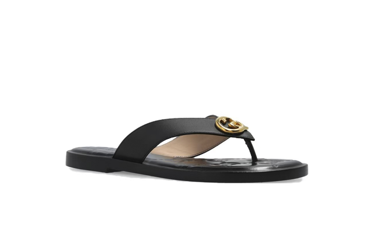Gucci Interlocking GG Thong Sandals Black / Gold Leather 695207 A3N00 1000