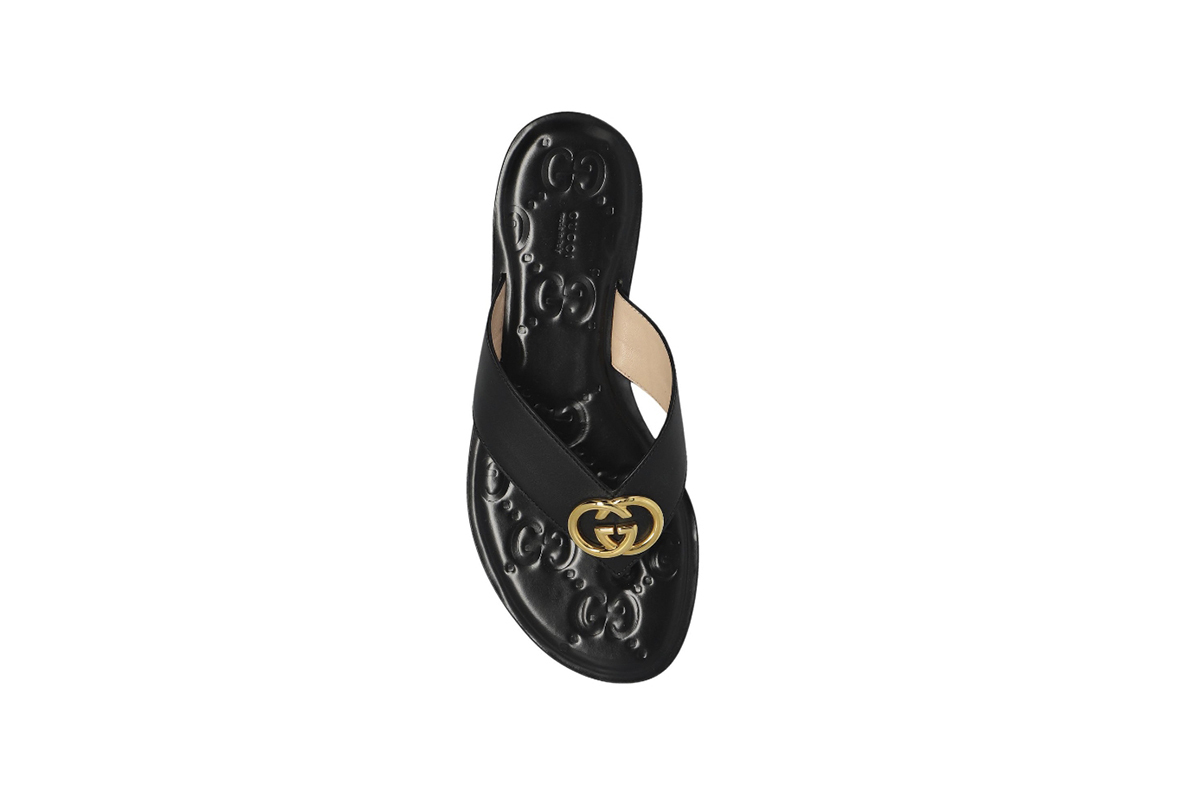 Gucci Interlocking GG Thong Sandals Black / Gold Leather 695207 A3N00 1000