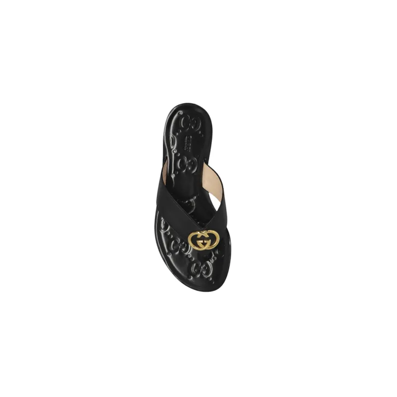 Gucci Interlocking GG Thong Sandals Black / Gold Leather 695207 A3N00 1000