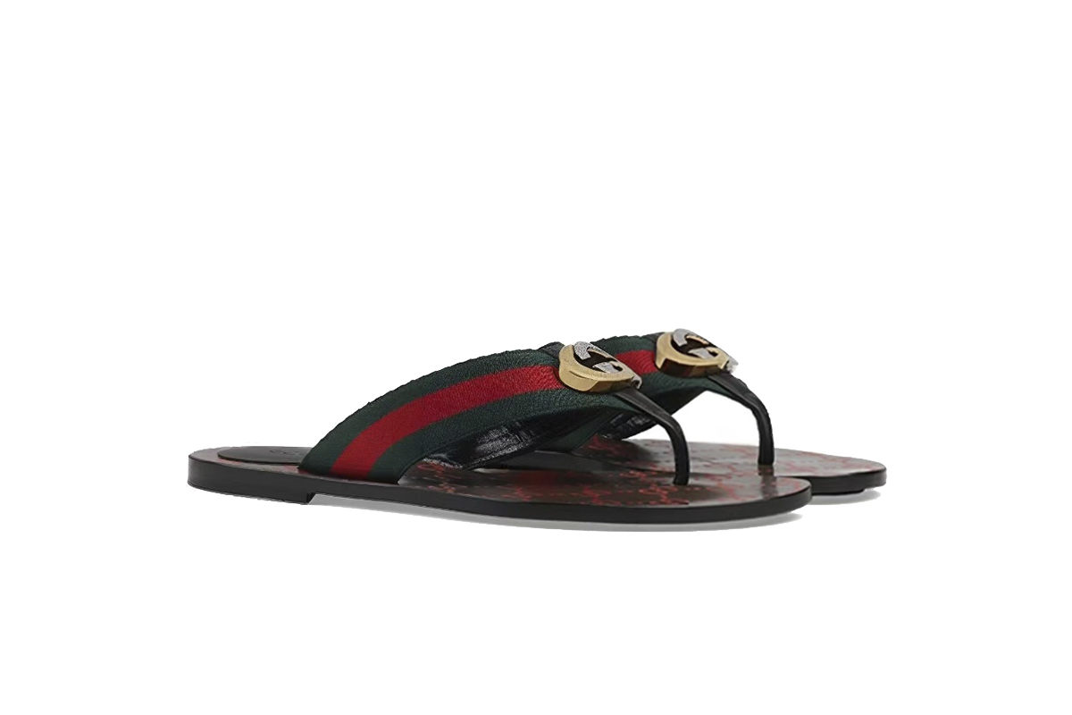 Gucci Kika Green Red Black GG Web Flip Flop Sandals 612138 H9020 8476
