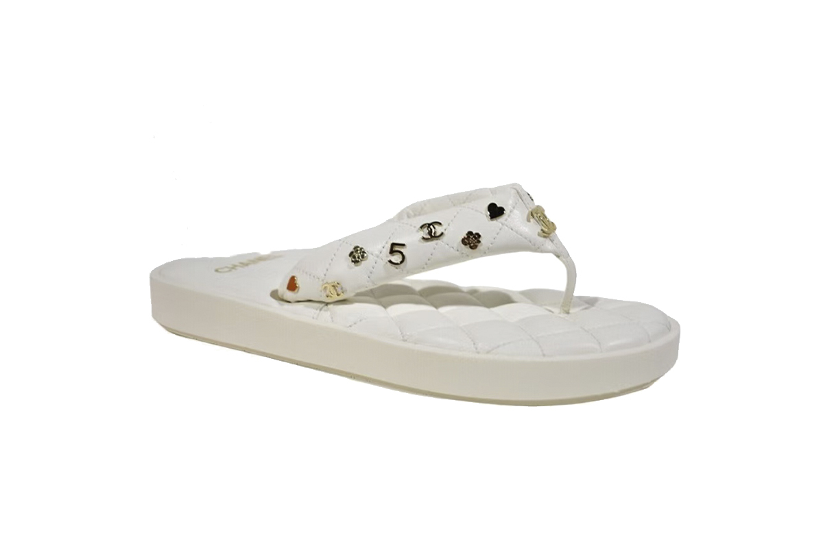 Chanel Lambskin Quilted Padded Charms Thong Sandals White G39860 X01000 0S687