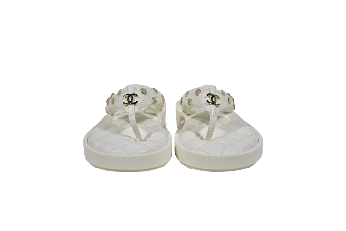 Chanel Lambskin Quilted Padded Charms Thong Sandals White G39860 X01000 0S687