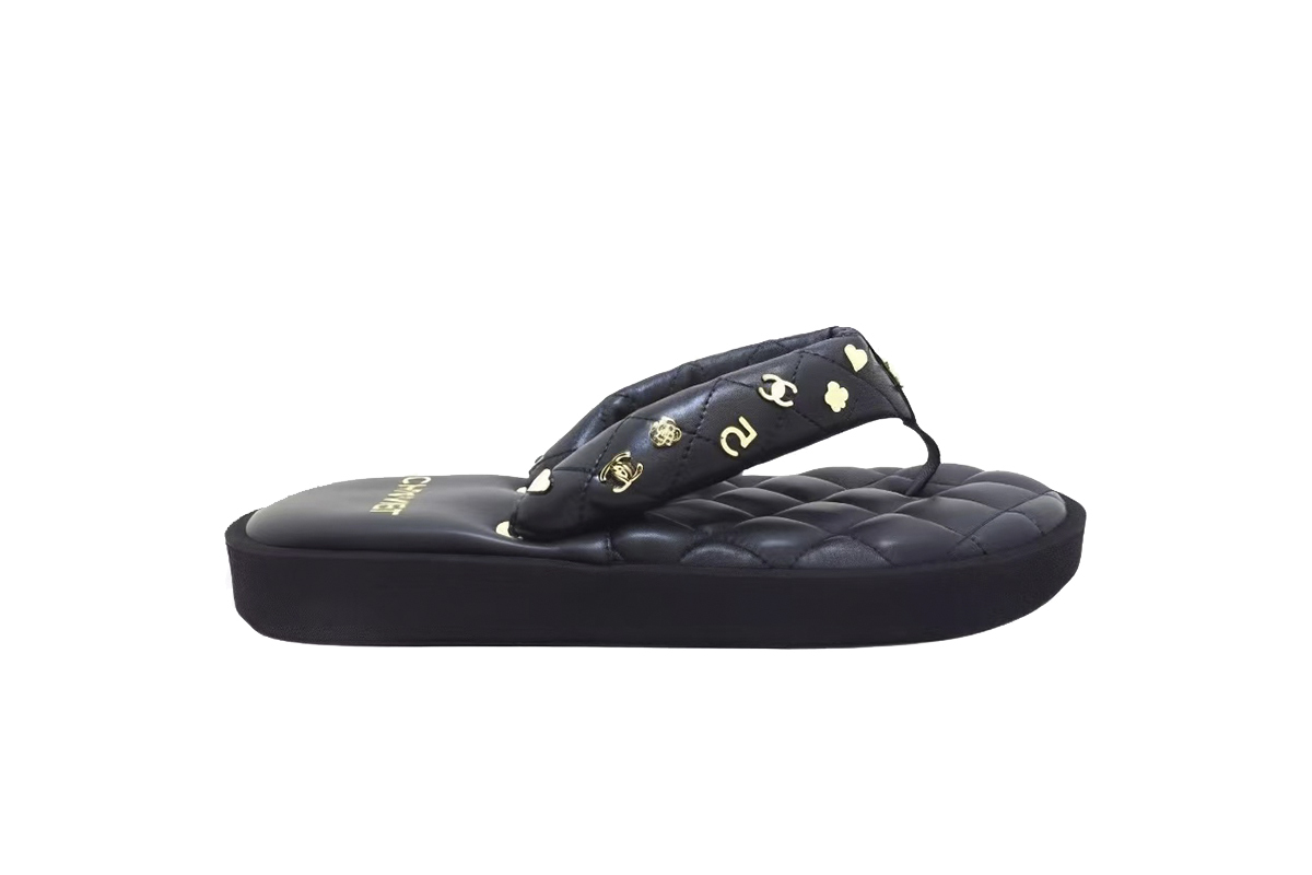Chanel Lambskin Quilted Padded Charms Thong Sandals Black G39860 X01000 94305