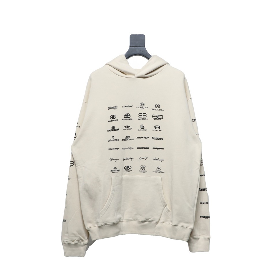 Balenciaga Logo Printed Hoodie Beige Cotton