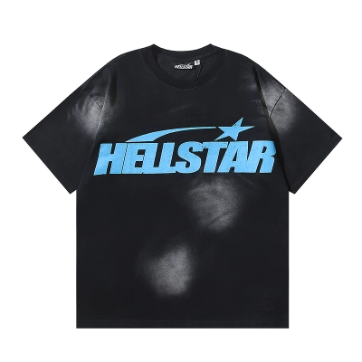 Hellstar Star Gel Sport Logo Washed Short Sleeved T-shirt #673 Black Blue 01