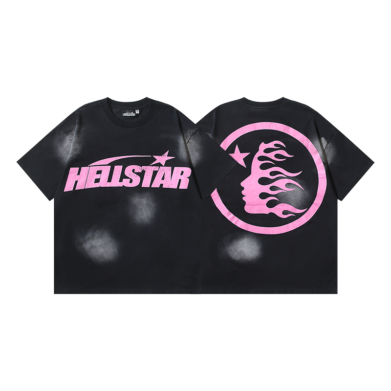 Coco Shoes Hellstar Star Gel Sport Logo Washed Short Sleeved T-shirt #675 Black Pink