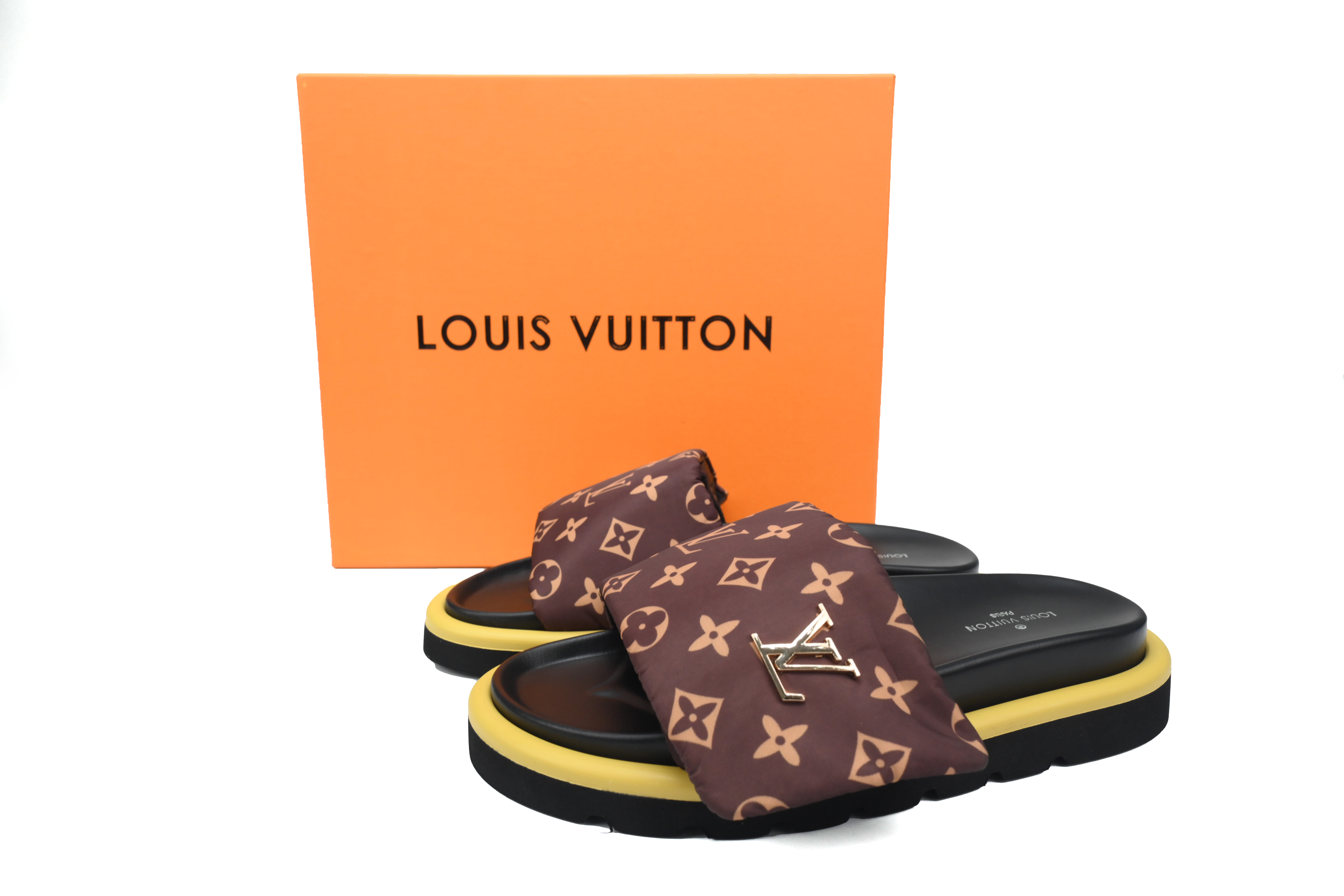 Louis Vuitton Pool Pillow Flat Comfort Mules Brown Metal Label