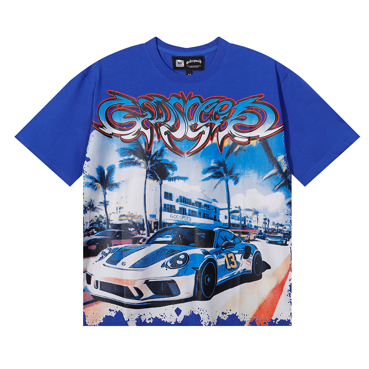 Godspeed Supercar Beach Road T-Shirt #7075 Blue/White/Black