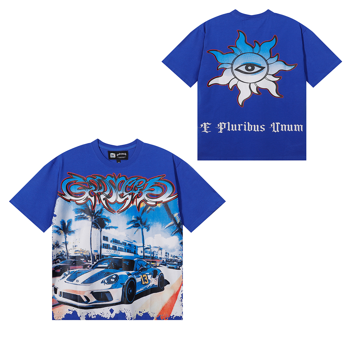 Godspeed Supercar Beach Road T-Shirt #7075 Blue/White/Black