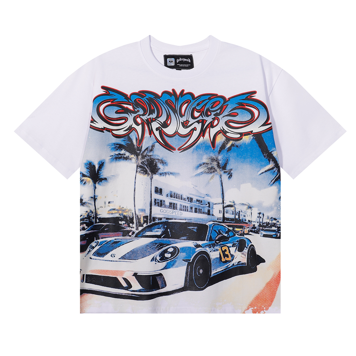 Godspeed Supercar Beach Road T-Shirt #7075 Blue/White/Black