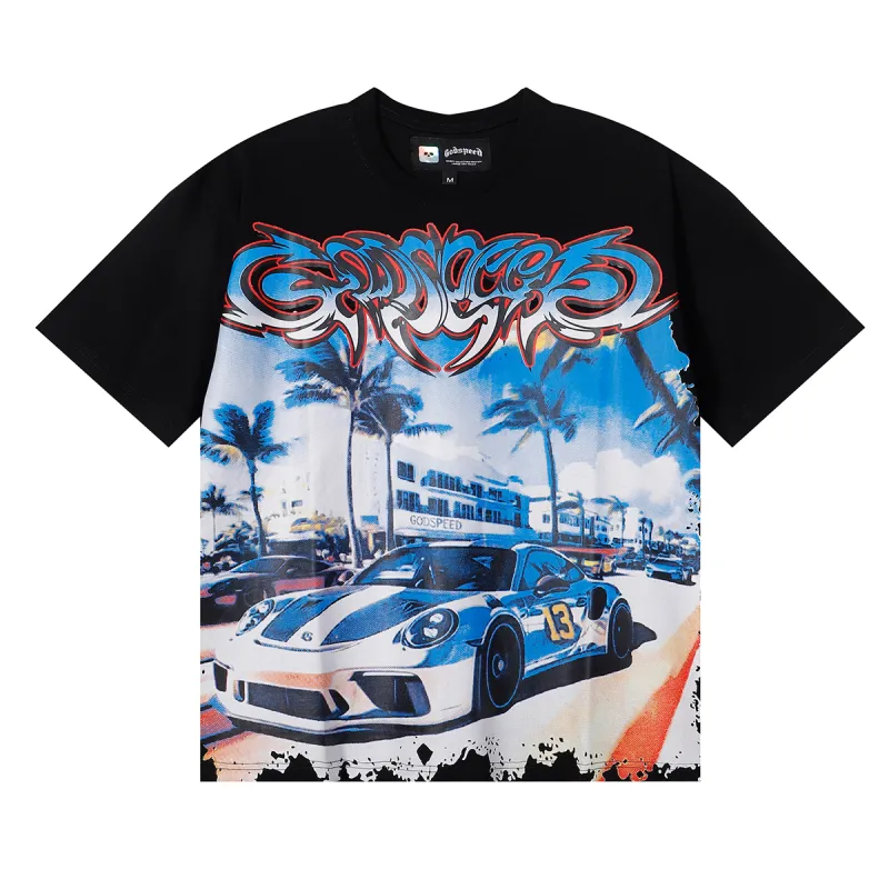 Godspeed Supercar Beach Road T-Shirt #7075 Blue/White/Black