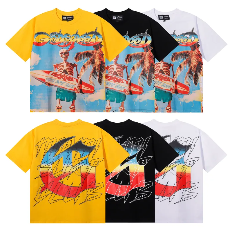 Godspeed Beach Skeleton Surfboard T-Shirt #7073 Yellow/Black/White