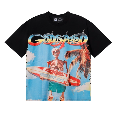 Godspeed Beach Skeleton Surfboard T-Shirt #7073 Yellow/Black/White 01