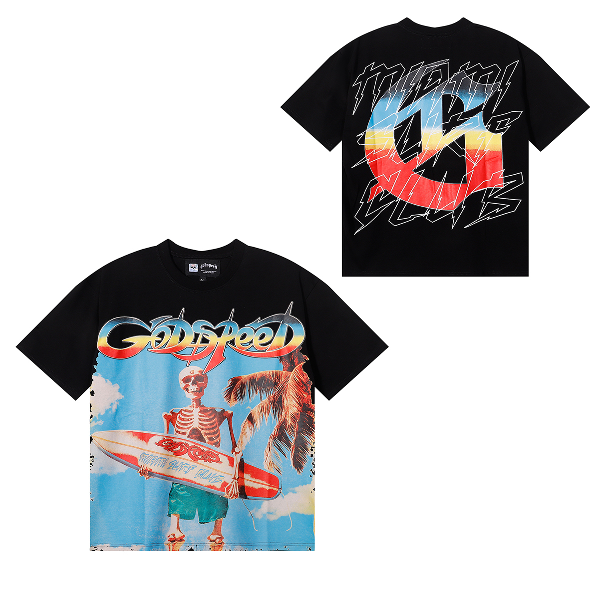 Godspeed Beach Skeleton Surfboard T-Shirt #7073 Yellow/Black/White