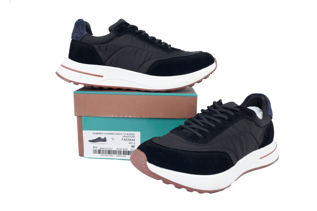 Coco Shoes Loro Piana Week End Walk Suede-Trimmed Shell Sneakers Black