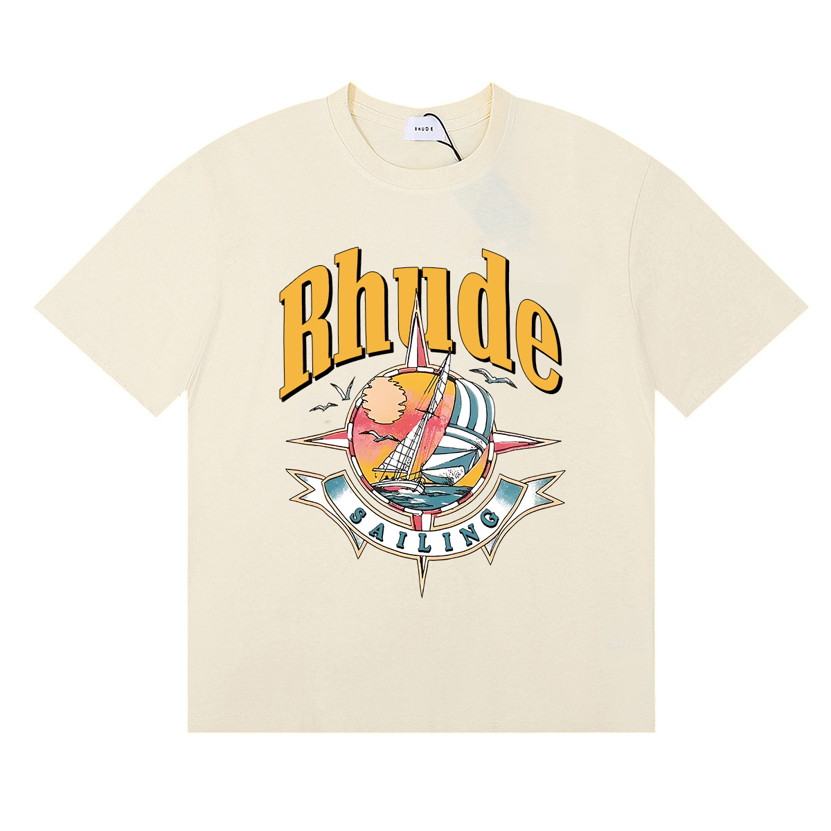 Rhude Port De T-shirt #50172 Vintage White/Black/Apricot