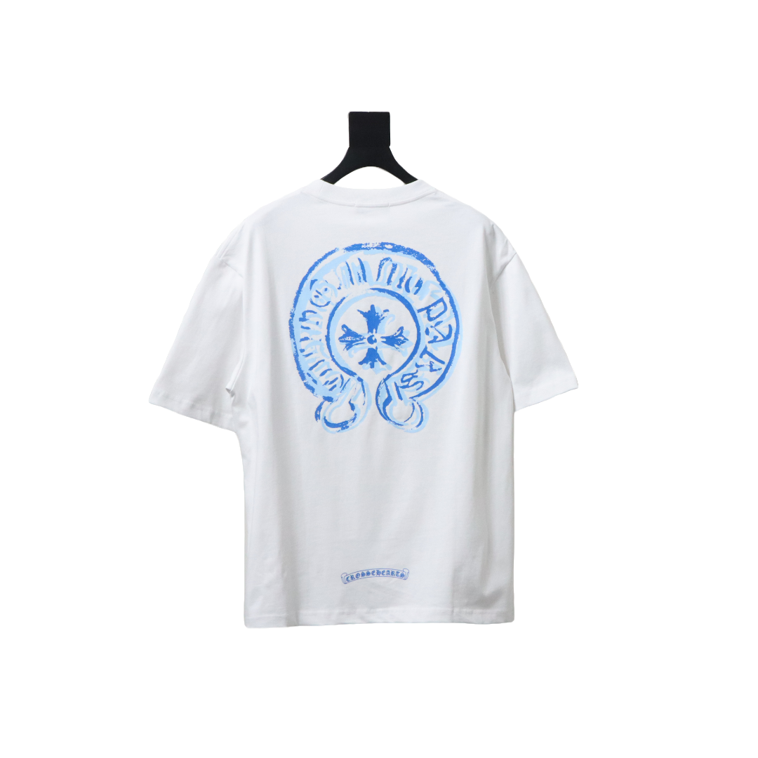Coco Shoes Chrome Hearts Blue Horseshoe Print White T-Shirt