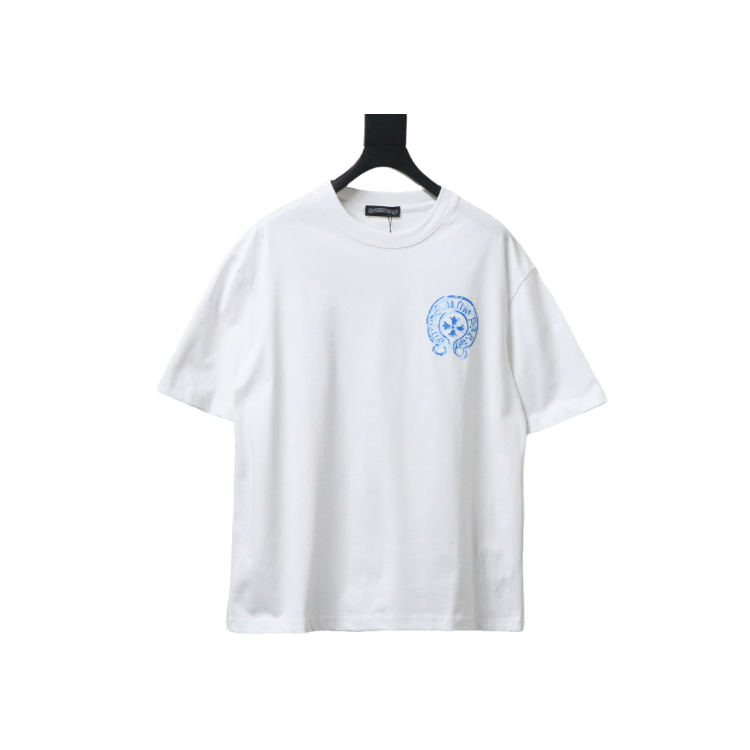 Coco Shoes Chrome Hearts Blue Horseshoe Print White T-Shirt
