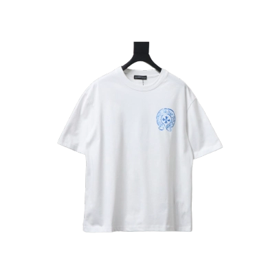 Coco Shoes Chrome Hearts Blue Horseshoe Print White T-Shirt 02