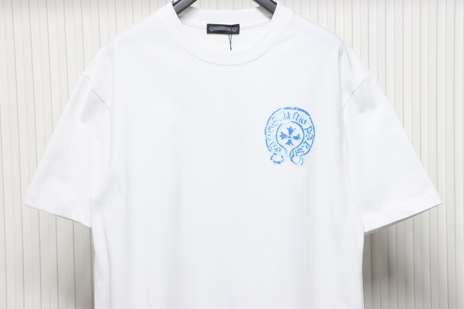 Coco Shoes Chrome Hearts Blue Horseshoe Print White T-Shirt