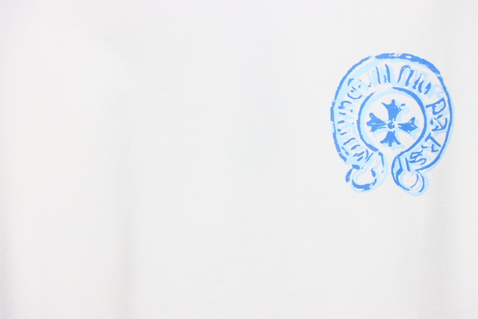 Coco Shoes Chrome Hearts Blue Horseshoe Print White T-Shirt