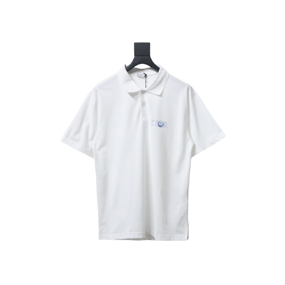 Coco Shoes Dior Little Blue Cat Embroidery Cotton Pique White Polo Shirt