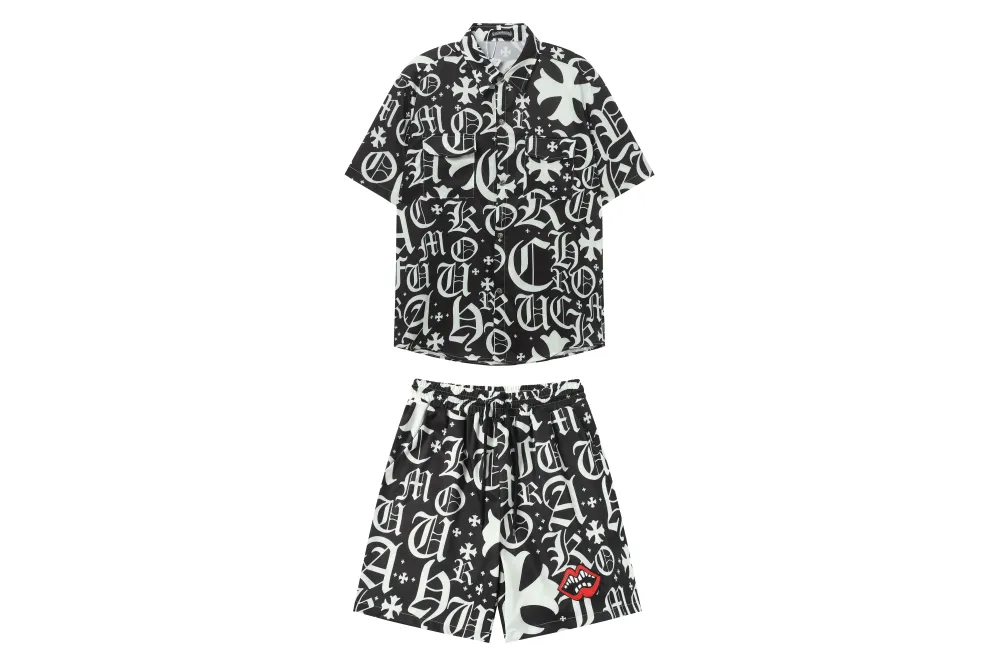 Chrome Hearts Cross Silk Shirt & Shorts Black Set Flaming Lips