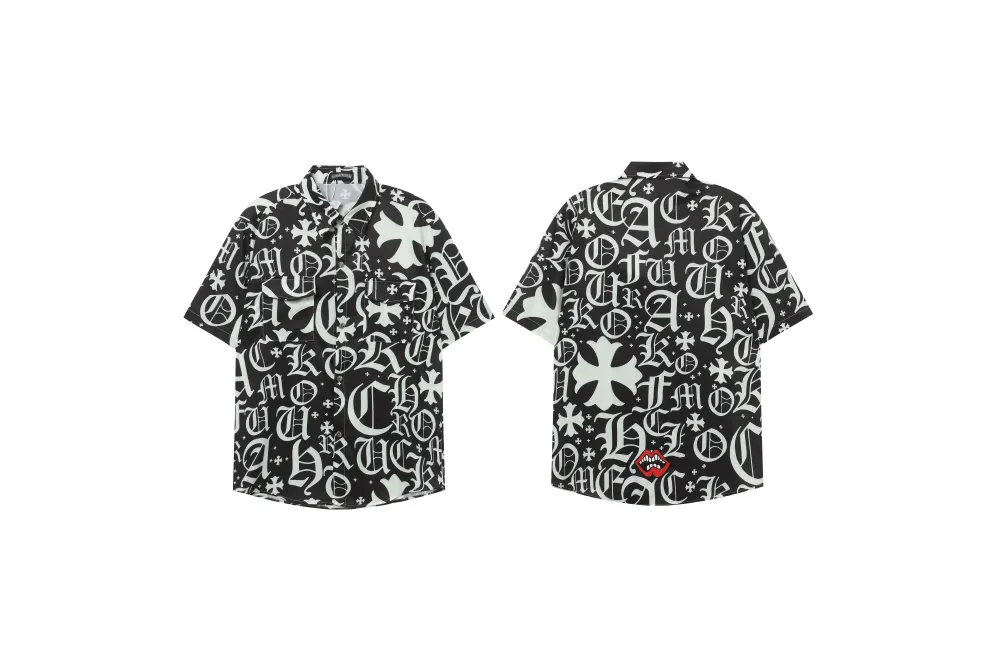 Chrome Hearts Cross Silk Shirt & Shorts Black Set Flaming Lips