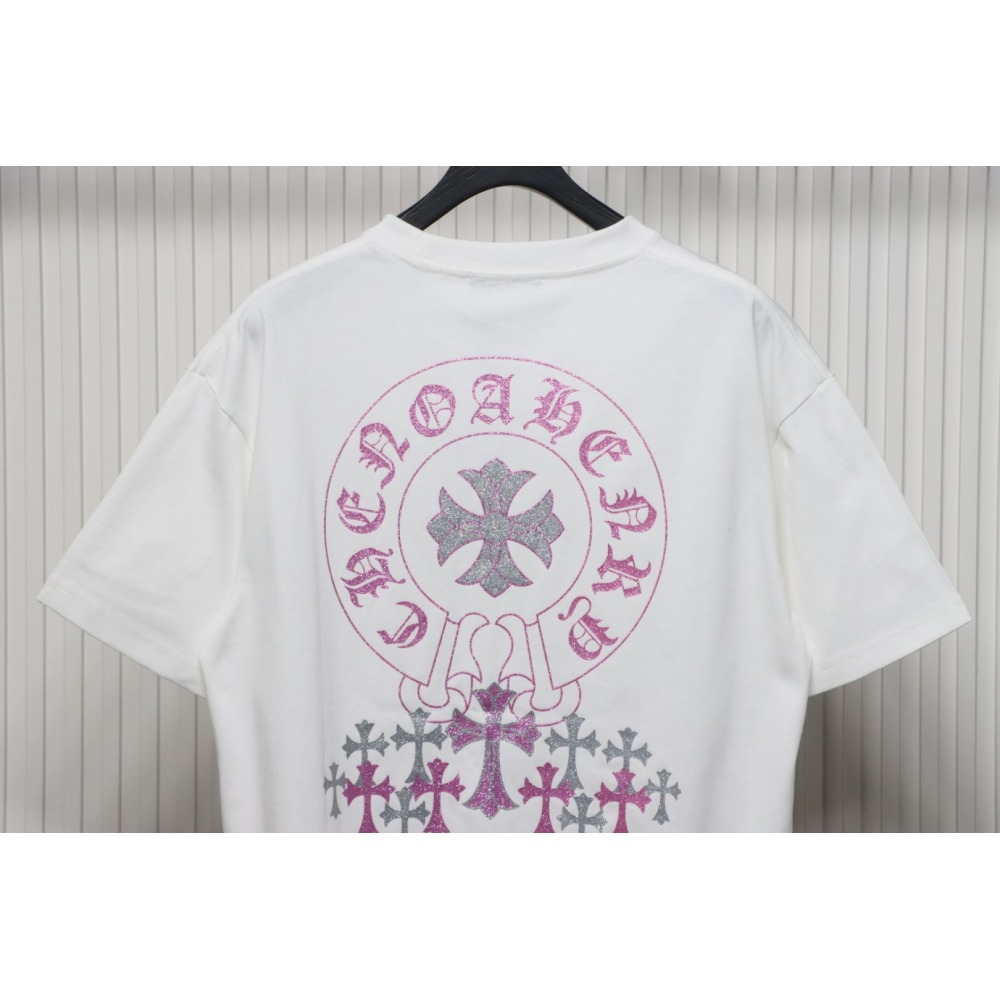 Chrome Hearts Glitter Pink Logo Print T-shirt White