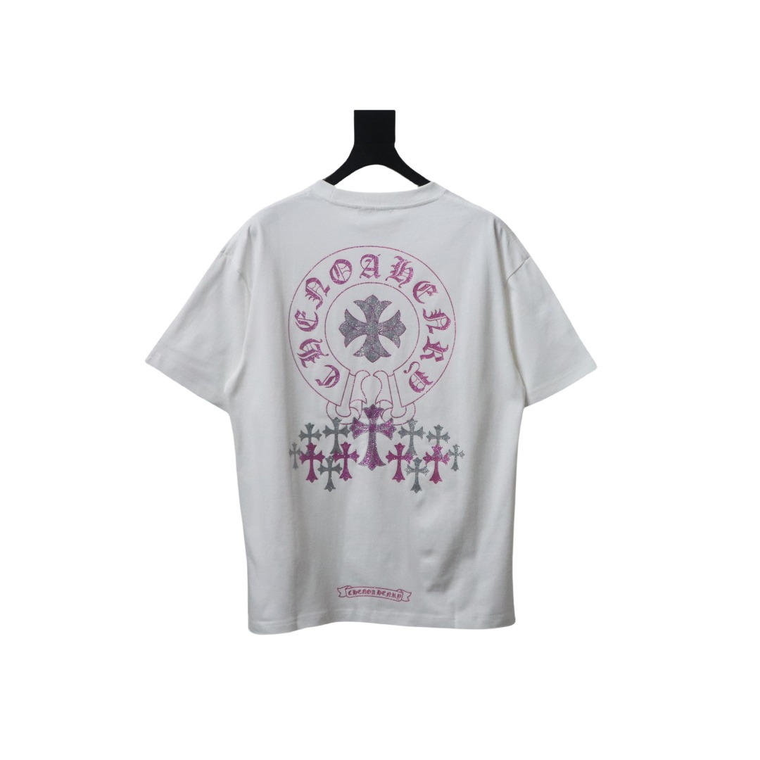 Chrome Hearts Glitter Pink Logo Print T-shirt White