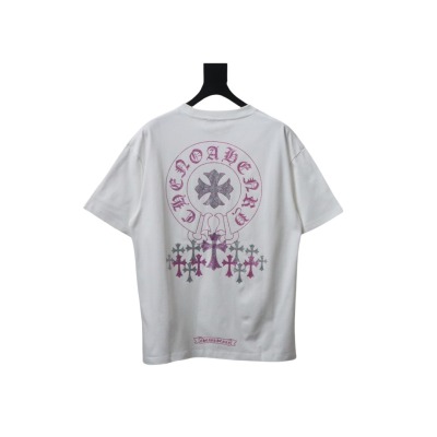 Chrome Hearts Glitter Pink Logo Print T-shirt White 01