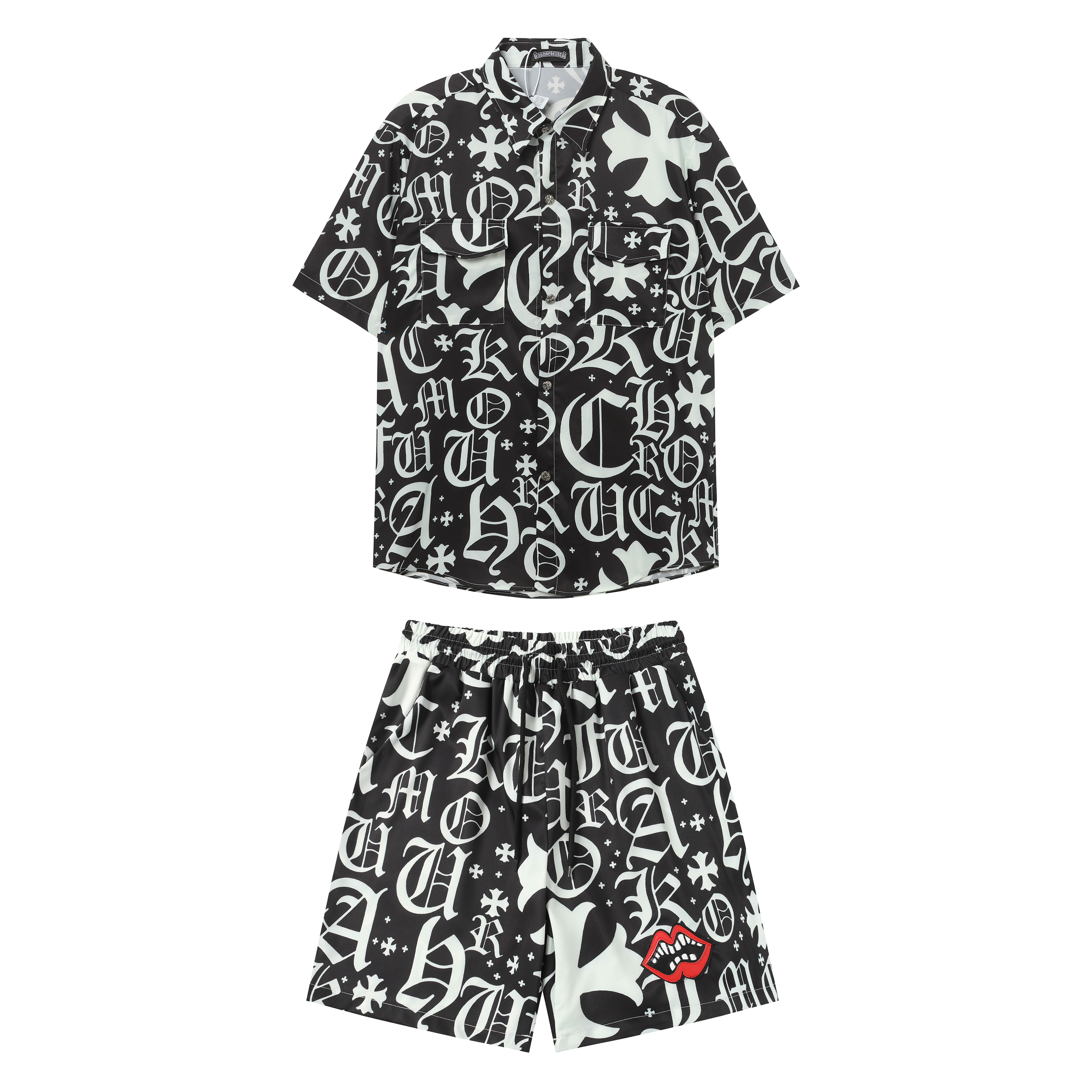 Coco Shoes Chrome Hearts Cross Silk Shirt & Shorts Black Set Flaming Lips