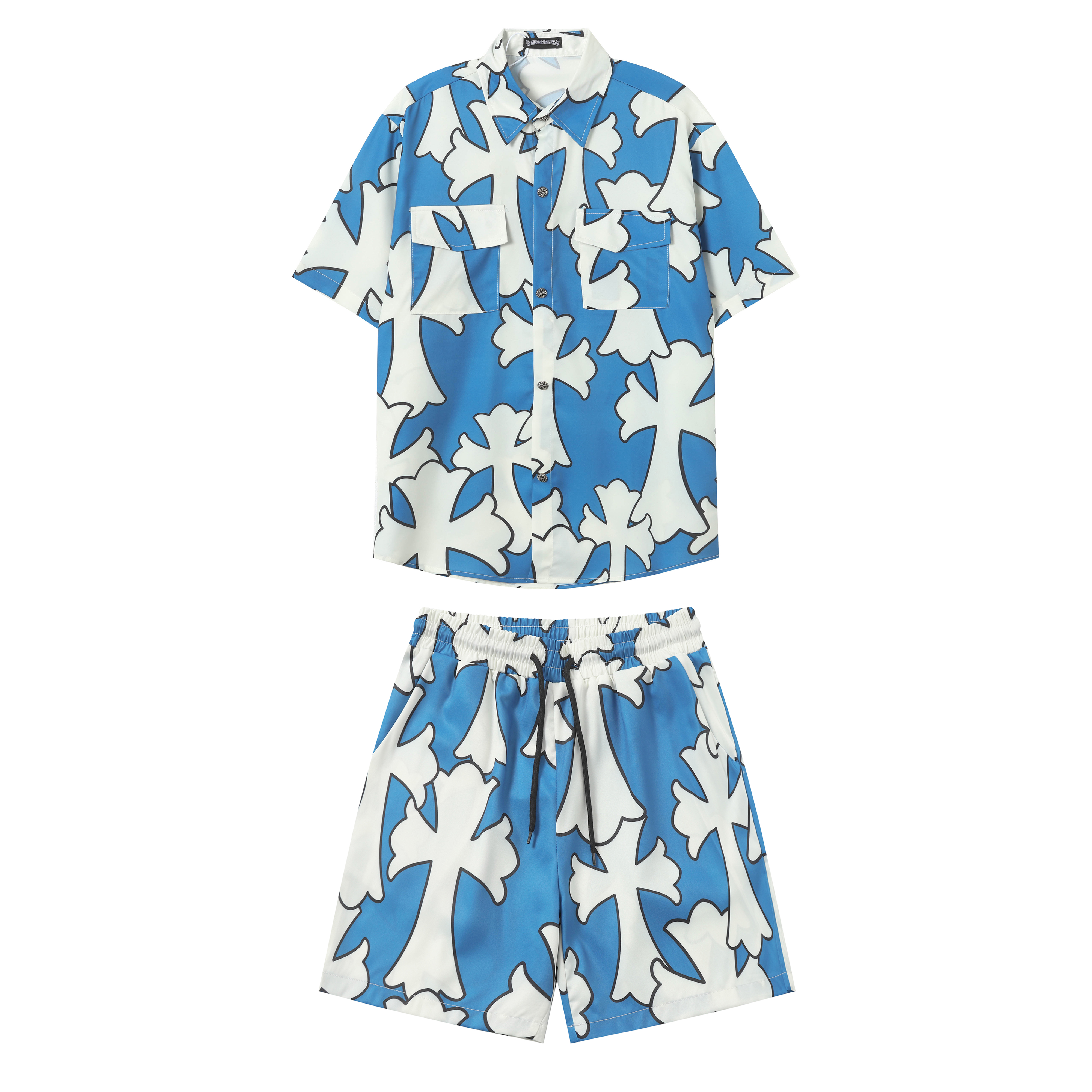 Chrome Hearts Cross Silk Shirt & Shorts Set Blue