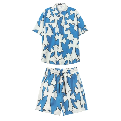 Chrome Hearts Cross Silk Shirt & Shorts Set Blue 01